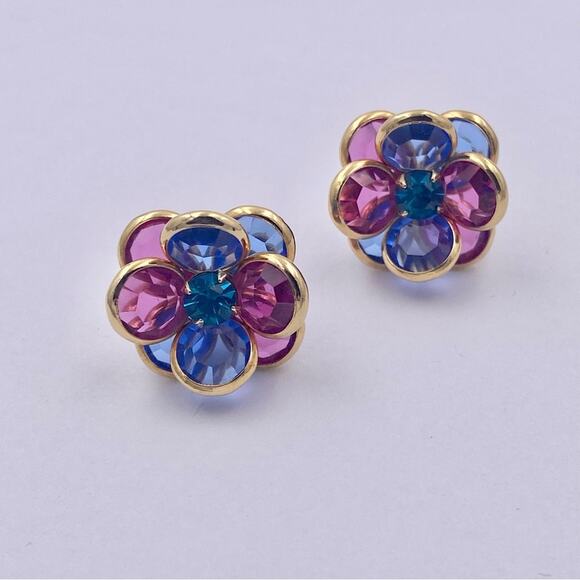Vintage Pink and Blue Glass Disc Petal Flower Pierced Earrings - Picture 1 of 12